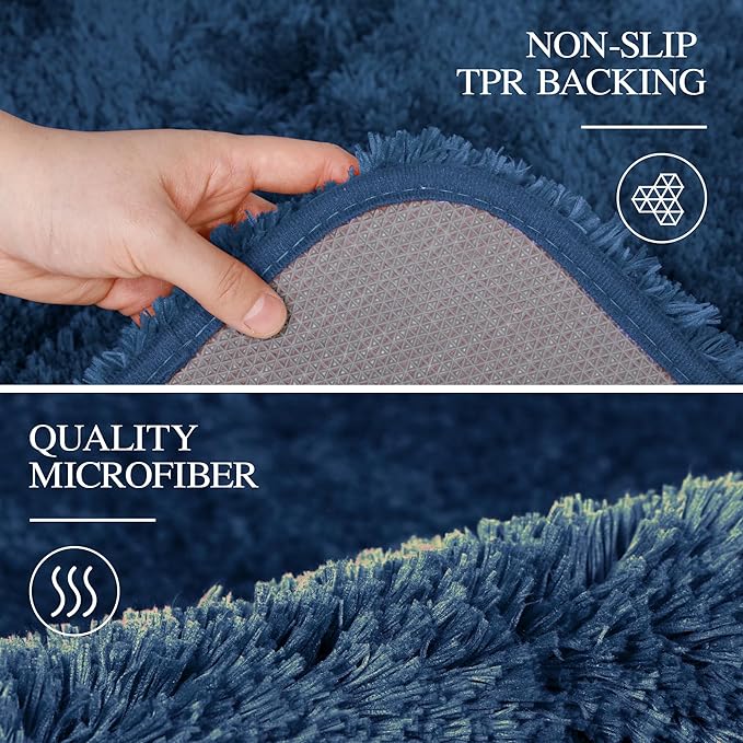 Walensee Non Slip Bath Mat (16 x 24, Navy) - Soft Microfiber Shaggy, Water Absorbent, Machine Washable, Thick Plush Shower Rug