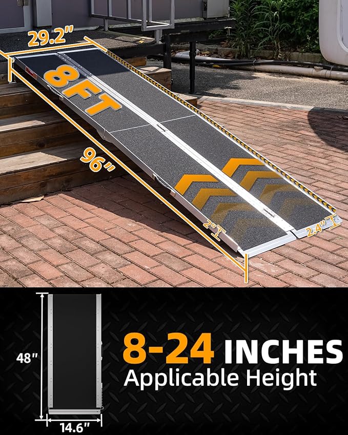 VNN Portable Wheelchair Ramp 8FT, Seamless Non-Slip Aluminum Ramps for Wheelchairs for Home, Handicap Wheelchair Ramps for Home Steps, Aluminum Loading Dock Plates