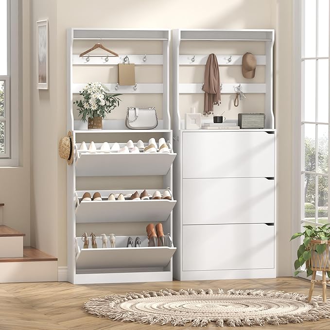 Tall Shoe Cabinet with Coat Rack, Hidden Shoe Storage Cabinet with Doors & Drawer, Hanging Bar & Hooks, Slim Narrow Freestanding Shoe Rack Organizer for Entryway, Hallway & Living Room, White
