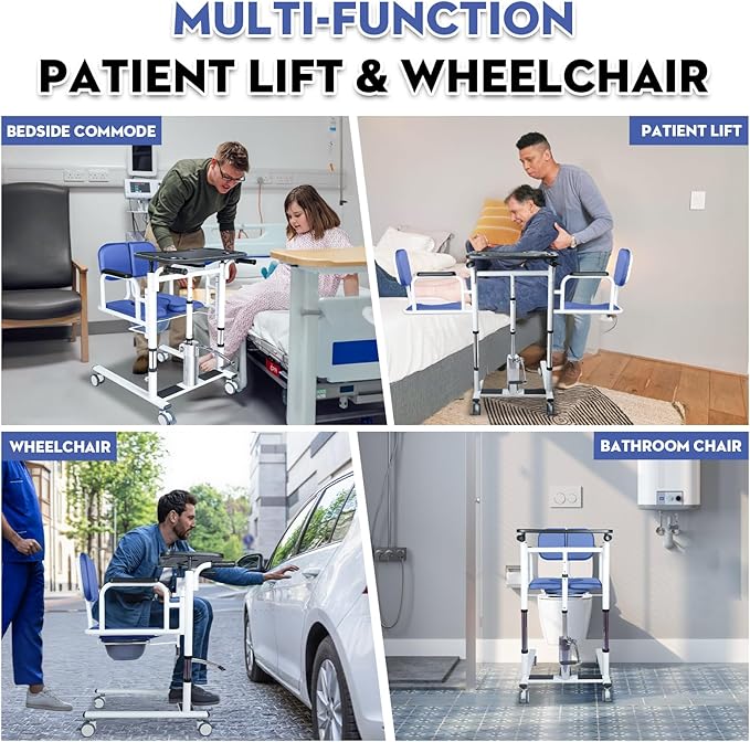Drexo Patient Lift Transfer Chair, 5 in 1 Patient Lift Chair with 180°Split Seat, Height Adjustable Patient Transfer Chair with 4 Casters for Home Seniors Elderly, Load 450Lbs (Non-Fold, Blue)