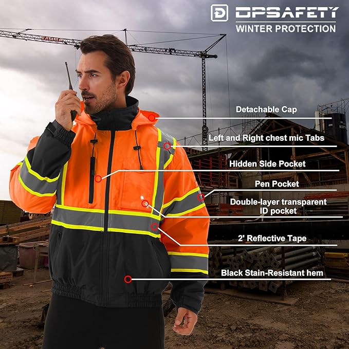 Hi Vis Safety jacket for men,Reflective high Visibility Hooded jacket,Work Bomber Jacket with Pockets and Zipper,Waterproof,ANSI Class 3 Black Bottom Tangerine,4XL