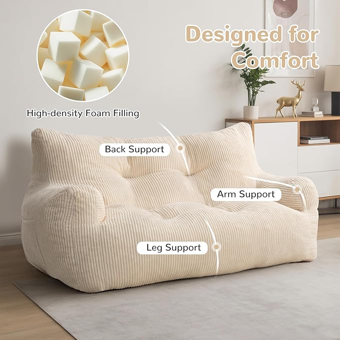 59" Bean Bag Chair,2 Seat Loveseat Sofa,Corduroy Lazy Sofa Bed for Adults,Fit Living Room, Bedroom,Outdoor Spaces,Ultra Soft Dutch Velvet,Fluffy Comfort Washable Cover,72h Rebound,White
