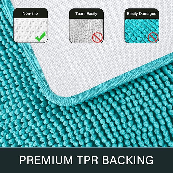 LOCHAS Luxury Bathroom Rug Shaggy Bath Mat 24 x 44 Inch, Washable Non Slip Bath Rugs for Bathroom Shower, Soft Plush Chenille Absorbent Carpets Mats, Teal Blue