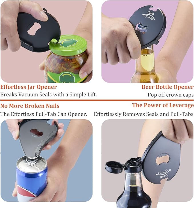 Jar Bottle Can Opener for Weak Hand & Seniors with Arthritis-Easy Twist Off Caps (0.6"-2.7") & Pull Tab Seals,Unique Kitchen Gadget,Multi,Portable Christmas Gifts for Elderly/Women/Men (Black)