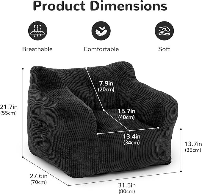 32" Bean Bag Chair,Loveseat Sofa,Corduroy Lazy Sofa Bed for Adults,Fit Living Room, Bedroom,Outdoor Spaces,Ultra Soft Dutch Velvet,Fluffy Comfort Washable Cover,72h Rebound,Black