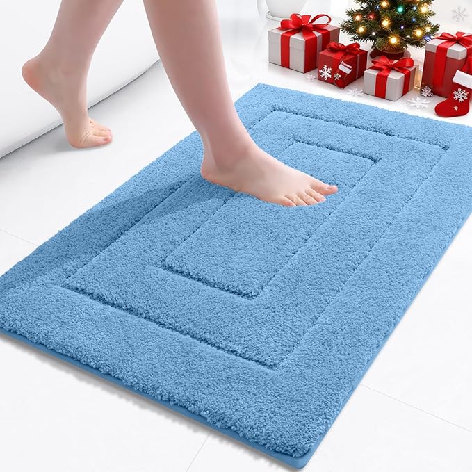 Buganda Bathroom Rugs, 24" x 16", Soft and Absorbent Microfiber Bath Rugs, Non-Slip Shaggy Shower Carpet, Machine Wash Dry Bath Mats for Bathroom Floor, Tub and Shower, Blue