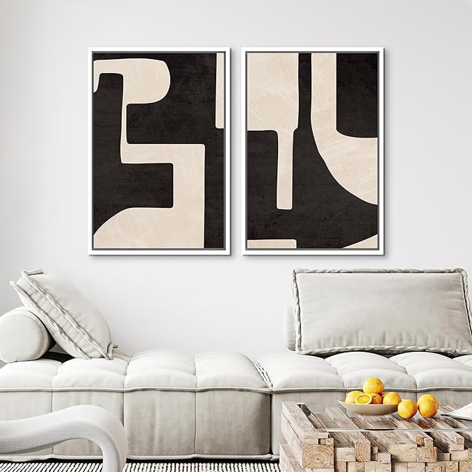 MUDECOR Framed Canvas Print Wall Art Black & White Geometric Paint Stroke Decor Abstract Nature Illustration Modern Art Decorative Multicolor Geometric Minimal for Bedroom - 16"x24"x2 White