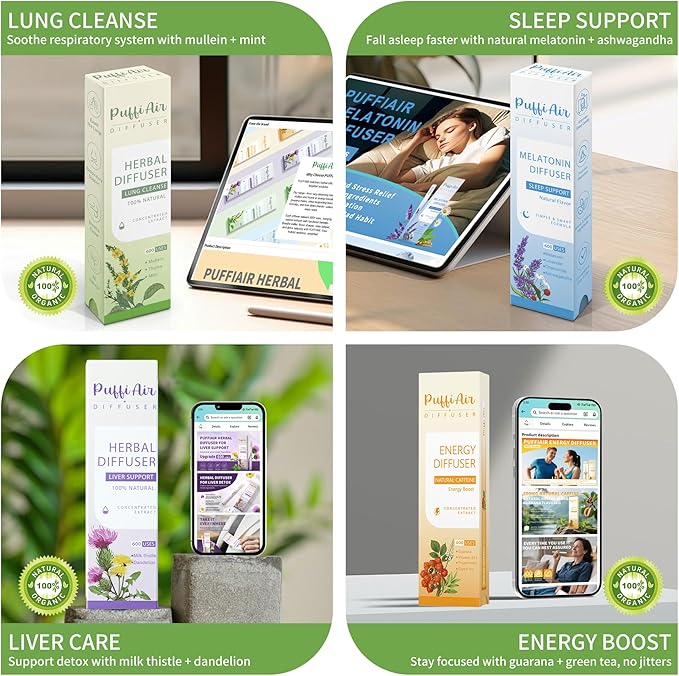 PUFFIAIR Complete Harmony Quad Herbal Diffuser Pen Set | Energy Calm Reset Blends | Green Purple Orange Blue | 4 Count