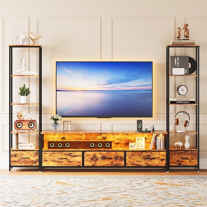 Entertainment Center with Storage, TV Stand for TVs Up to 70", with 5-Tier Bookshelf, 5 Fabric Drawers & Power Outlet, Modern LED TV Console Table, Media Center for Living Room Bedroom Home Office