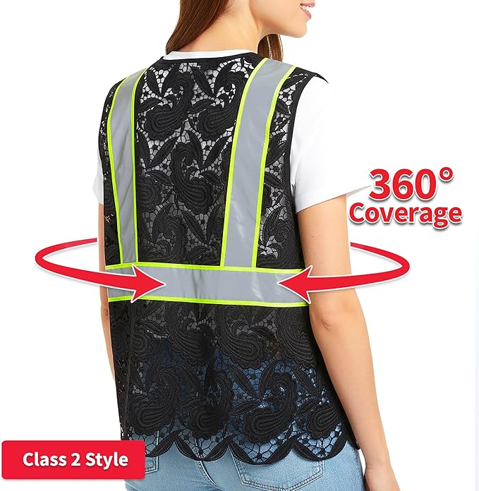 Lace-Mesh Safety Vest for Women & Men - Breathable, High Visibility Vest with Zipper & ANSI Class 2 Reflective Strips
