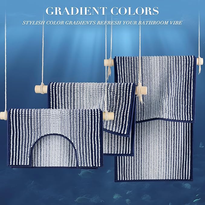 BSICPRO Bathroom Rugs Sets 3 Piece, Toilet Rugs U-Shaped Contour Bath Mat Set, Striped Absorbent Non Slip Chenille Shower Mat, Navy Blue
