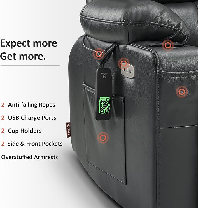 MCombo Dual Motor Power Lift Recliner Chair for Elderly, Lay Flat Lift Chair with Heat and Massage, Extra Wide Lift Recliner for Big People, Cup Holders, Faux Leather R7897 (Black, Medium-Wide)