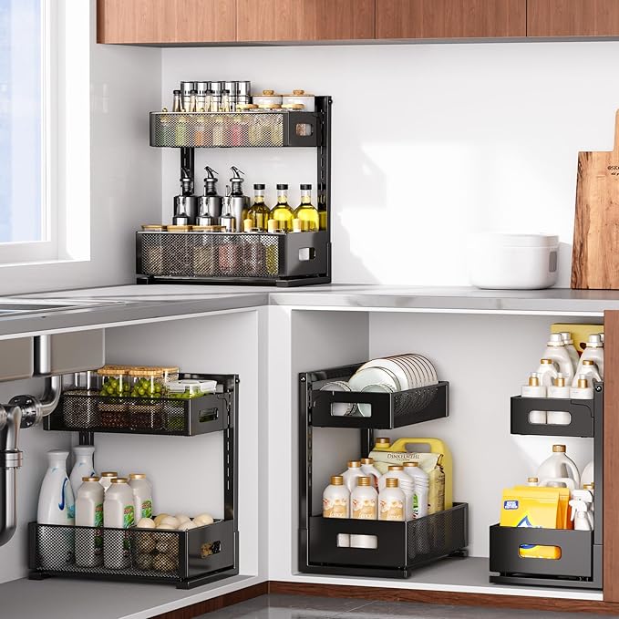 2 Pack Under Sink Organizer, Adjustable Height Under Sink Organizers and Storage, Smooth & Silent Sliding Out Metal Drawer for Kitchen Bathroom Pantry Cabinet Closet (Black)