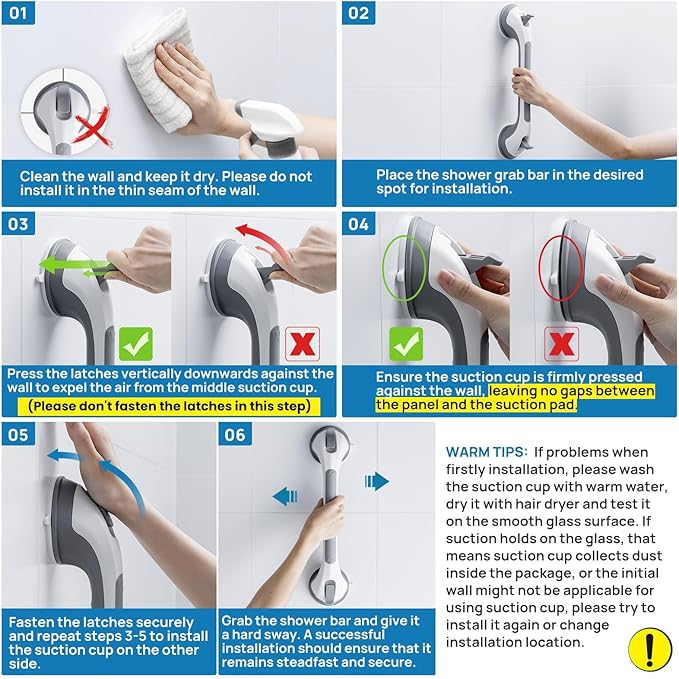 LEVERLOC 2 Pack Shower Grab Bars for Bathtubs and Showers, Easy to Install Suction Shower Handles for Bathroom Removable Handrails for Seniors Elderly Heavy Duty Safety Grip Waterproof Drill Free Gray