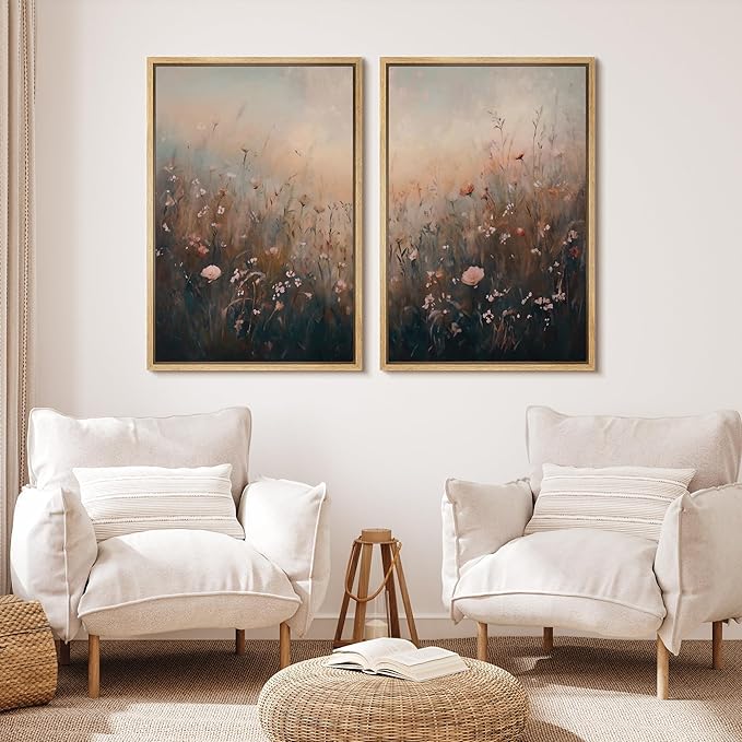 MUDECOR Framed Canvas Print Wall Art Forest and Lake Landscape Vintage Nature Scenery Illustrations Modern Art Decorative Bohemian Chic for Living Room, Bedroom, Office - 16"x24"x2 Natural