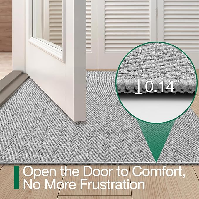 LUMI Ultra Thin Indoor Door Mat for Entrance 17"x30", Non Slip Entryway Mat, Low Profile Doormat, Unique Herringbone Design Carpet for Inside, Patio, Porch, Gray