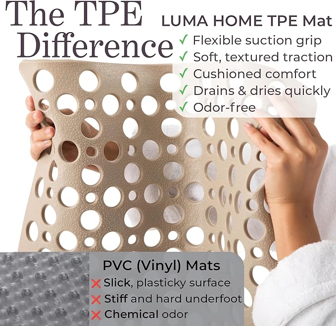 Non Slip Bathtub Mat and Shower Mat Beige TPE Strong Suction Cups Aesthetic Bath Mat for Inside Shower with Soft Texture, Quick-Dry Drain Holes, Spa-Inspired Design 30x17” (75x43 cm) (2)