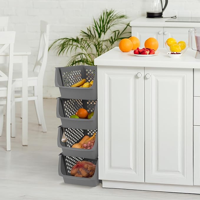 Stackable Plastic Bins - 4pc Gray Large Plastic Stackable Storage Bins 28in Tall Organizer for Home and Kitchen