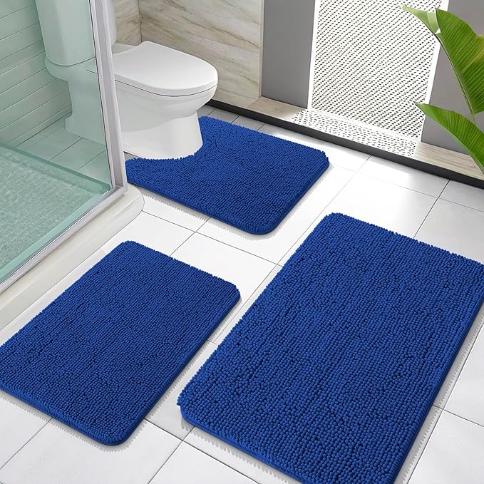 OLANLY Bathroom Rugs Sets 3 Piece, Soft Absorbent Chenille Bath Mats and U-Shaped Contour Toilet Rug, Quick Dry, Home Decor Accessories, Bath Mat Set for Bathroom (30"x20"+24"x16"+24"x20", Royal Blue)