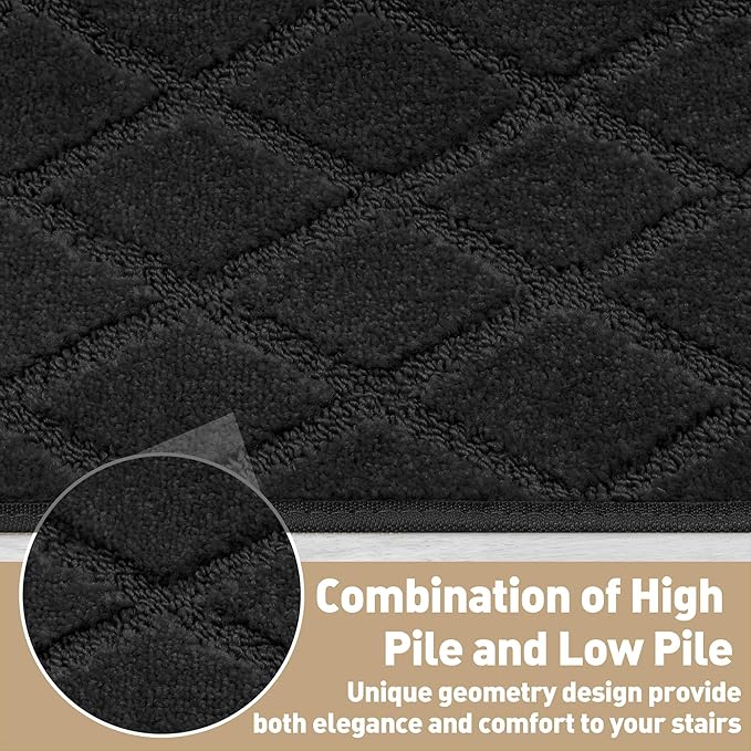 PURE ERA Bullnose Carpet Stair Treads Tape Free Non-Slip Indoor Stair Protectors Pet Friendly Stair Treads for Wooden Steps 9.5" x 30"(2 Pieces,Black Diamond Trellis)