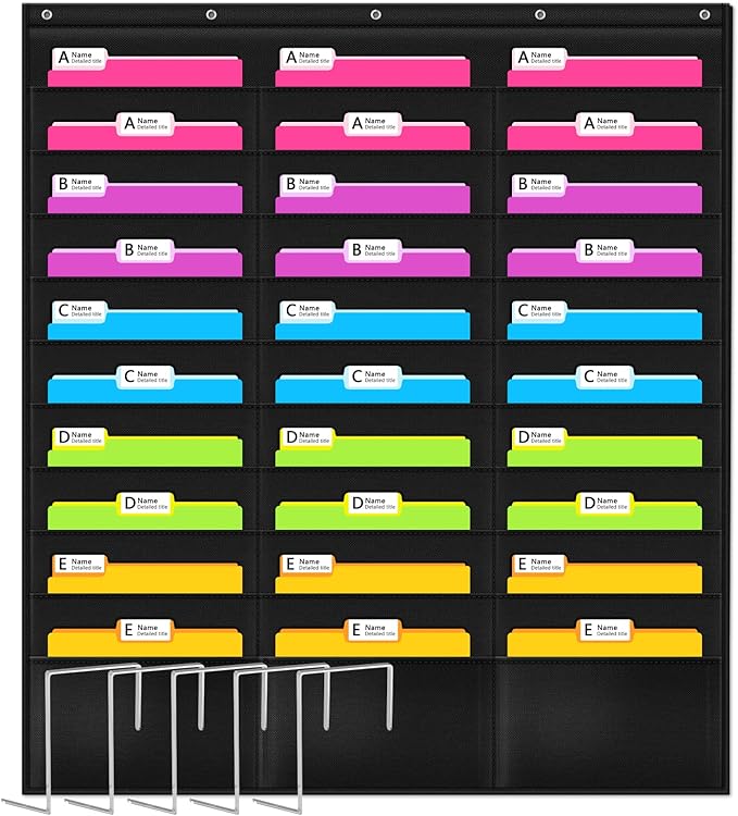 Godery Organization Pocket Chart，Wall File Pocket Folder Organizer with 30 Pocket Chart Plus 5 Hangers Hooks, The Perfect Pocket Chart for Classroom, School, Office or Home Use (30 Pocket)