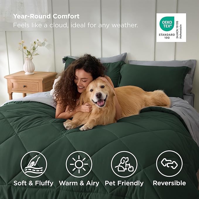 Bedsure California King Comforter Set - 7 Pieces Reversible Forest Green Bedding, Bed Set for All Seasons, Bed in a Bag with Down Alternative Comforter, Sheets, Pillowcases & Shams