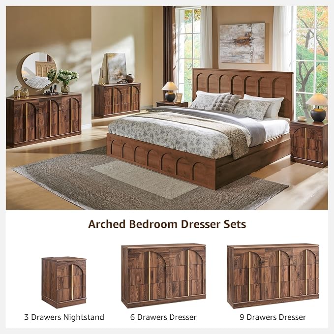 ACCOHOHO Modern Night Stand Set 2 with Arched Panel, 18" Nightstand with Charging Station, Side Table with 3 Storage Drawers, Wood Square Bedside End Table for Bedroom Living Room, Brown