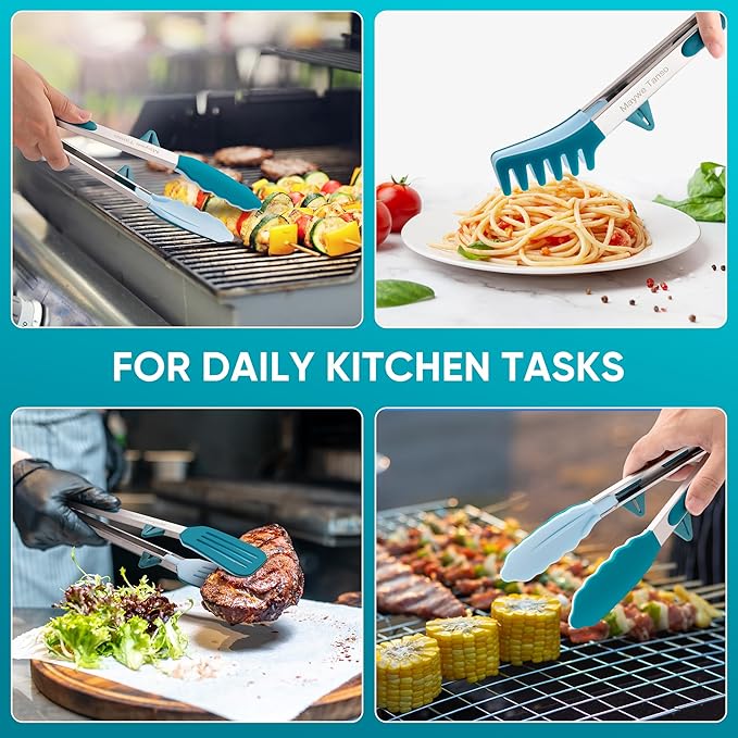 5-Pack Silicone Tongs for Cooking,Maywe Tanso 4PCS 13-Inch Kitchen Tongs with Silicone Tips,Nonstick Stainless Steel Tong for Steak Pie Pizza Pasta Spaghetti Salad BBQ Buffet,Plus Brush