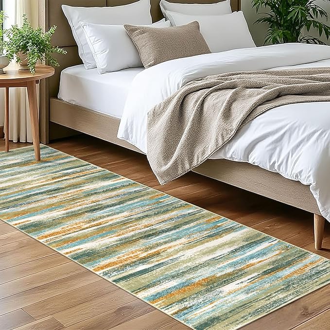 Modern Abstract Bedroom Runner Rug 2x7, Green Mustard Multi Washable Kitchen Runner, Non-Slip Soft Thin Faux Wool Mat for Entryway, Hallway, Laundry Room, Indoor Home Decor