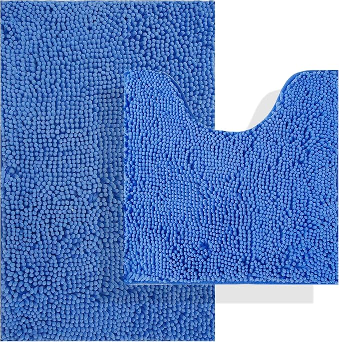 BOANKODU Bathroom Rug Set, 2 Piece U Shape Bath Mat - Absorbent Chenille, Non-Slip, Machine Washable - 32x20 + 20x20 Inch (Snow Cyan)