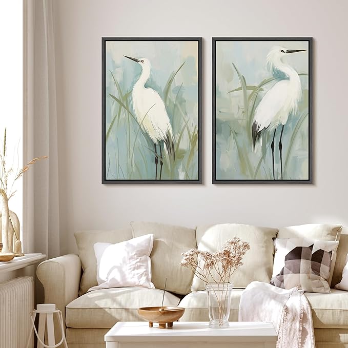 MUDECOR Framed Canvas Print Wall Art White Heron Pair in Marsh Coastal Illustrations Modern Art Decorative Bohemian Colorful for Living Room, Bedroom, Office - 16"x24"x2 Black