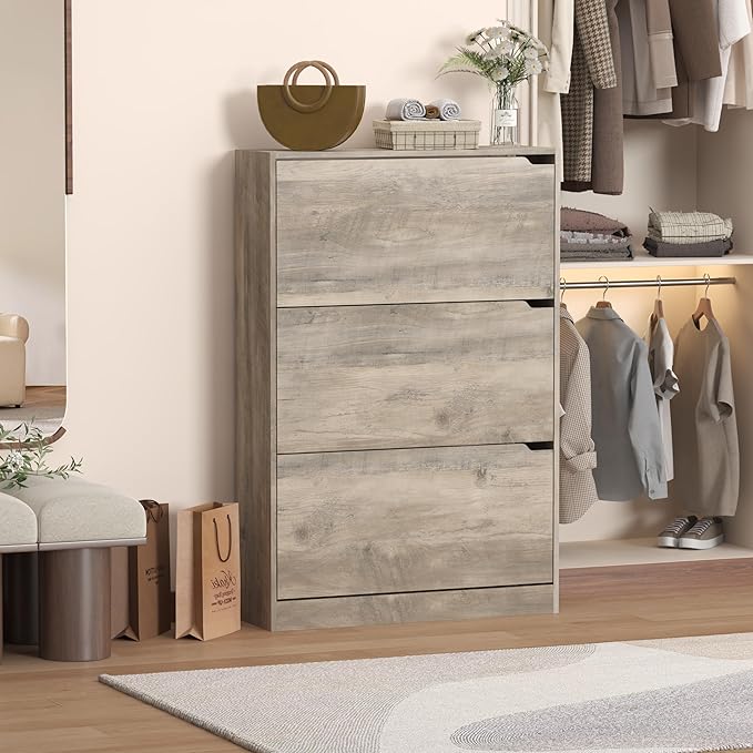 Shoe Cabinet with 3 Flip Drawers, 47" Slim Hidden Wood Shoe Storage Cabinet with Adjustable Shelf, Freestanding Narrow Shoe Rack Organizer for Entryway, Hallway, Grey