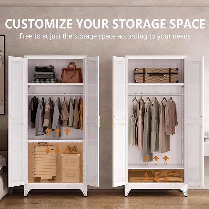 Metal Armoire Wardrobe Closet with Doors and Shelves, 71" Tall Freestanding Wardrobe Cabinet for Hanging Clothes, Large Closet with Hanging Rod for Bedroom, Office, School, Employee, Gym, White