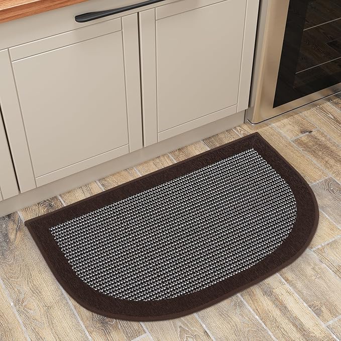 PADOOR Kitchen Mats for Floor, Kitchen Rugs Non Slip Washable, Half Circle Kitchen Floor Mat Sink Rug Rubber Backed Super Absorbent, 20”x32” Dark Brown