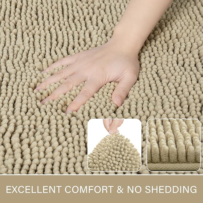 LOCHAS Luxury Bathroom Rug Shaggy Bath Mat 24 x 54 Inch, Washable Non Slip Bath Rugs for Bathroom Shower, Soft Plush Chenille Absorbent Carpets Mats, Beige