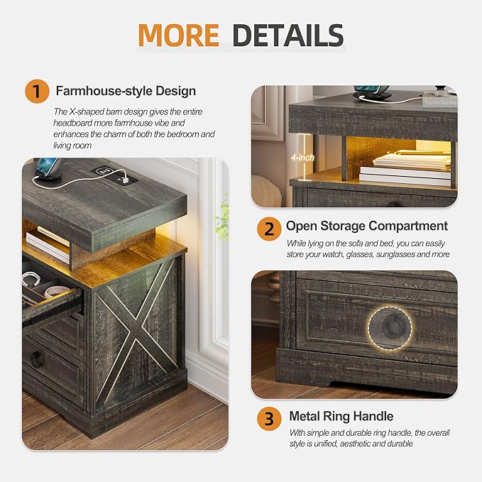 Gurexl Farmhouse Set of 2 Night Stand with Lockable Gun Drawer,LED Nightstand with Charging Station,Bedside Table with Human Sensor 3-Color Lights,End Table with 3 Drawers,Bedroom,Rustic