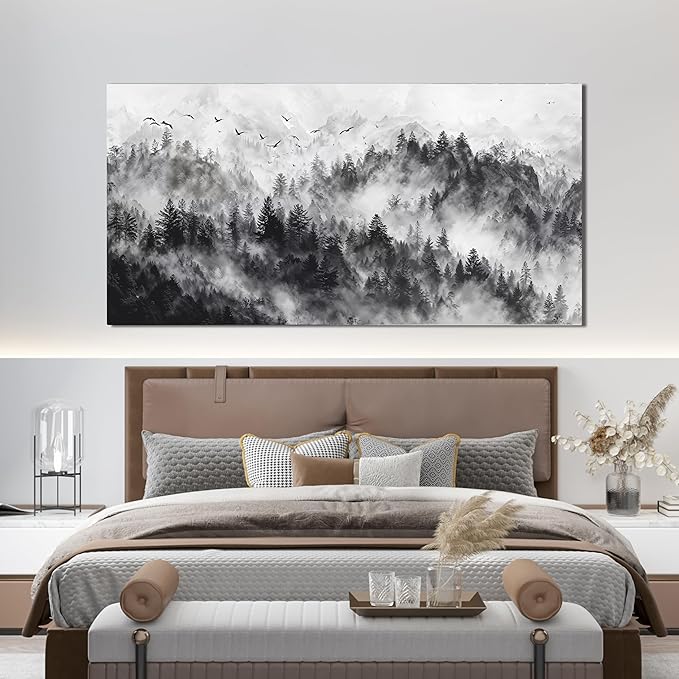 YISXINOAG Abstract Wall Art Modern Canvas Wall Art Mountain Canvas Art Wall Decor Modern Home Decor Black and White Mountain Landscape Abstract Artwork for Bedroom Ready to Hang Size 24"X48"