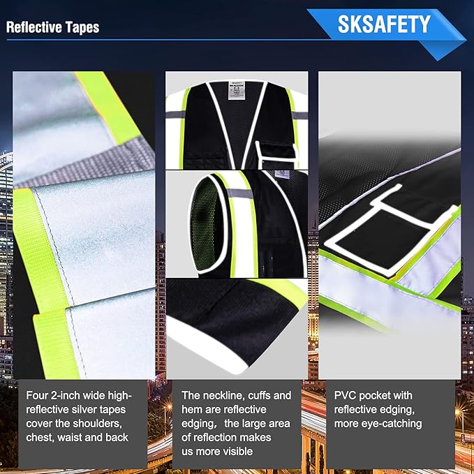 SKSAFETY 10 Pockets Safety Vest, Class 2 High Visibility Security with Zipper Back Mesh, Hi Vis Vest with Reflective Strips, ANSI/ISEA Standard, Construction Work Vest for Men ＆ Women （Black, 5XL）