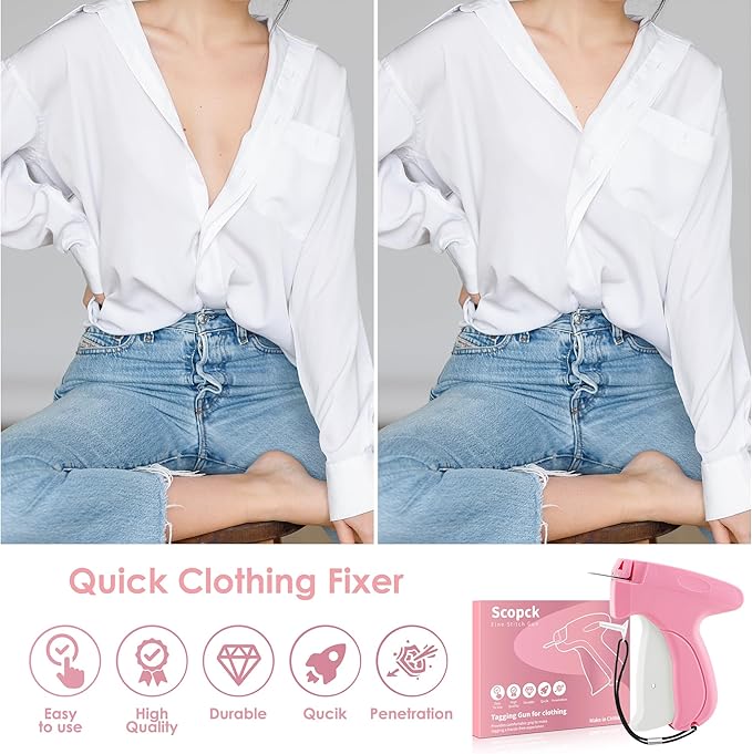 Handheld Stitch Tag Gun for Clothes, Quick Clothing Fixer, Tagging, Sewing Kit Includes 6 Needle, 1000 Black Fasteners & 1000 White Fasteners, Pink