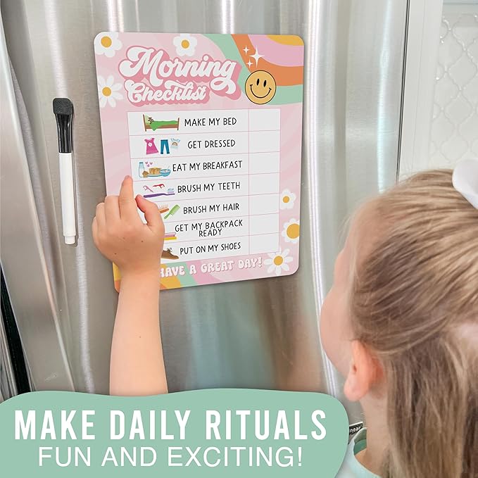 Magnetic Morning & Bedtime Routine Chart for Kids - Customizable Toddler Daily Schedule Board with Dry Erase Surface, Stickers & Marker, Build Habits with Visual Checklists, Retro Theme