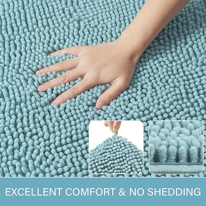 LOCHAS Luxury Bathroom Rug Shaggy Bath Mat 24 x 60 Inch, Washable Non Slip Bath Rugs for Bathroom Shower, Soft Plush Chenille Absorbent Carpets Mats, Spa Blue
