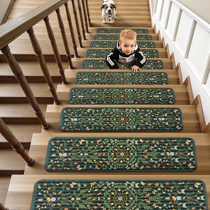 OJIA Black Stair Treads for Wooden Steps Indoor Stair Runners 15PCS 30"x8" Non Slip Stair Treads, Rubber Backed Insect Print Stair Mat Carpet Treads for Kids & Dogs, Stair Covers