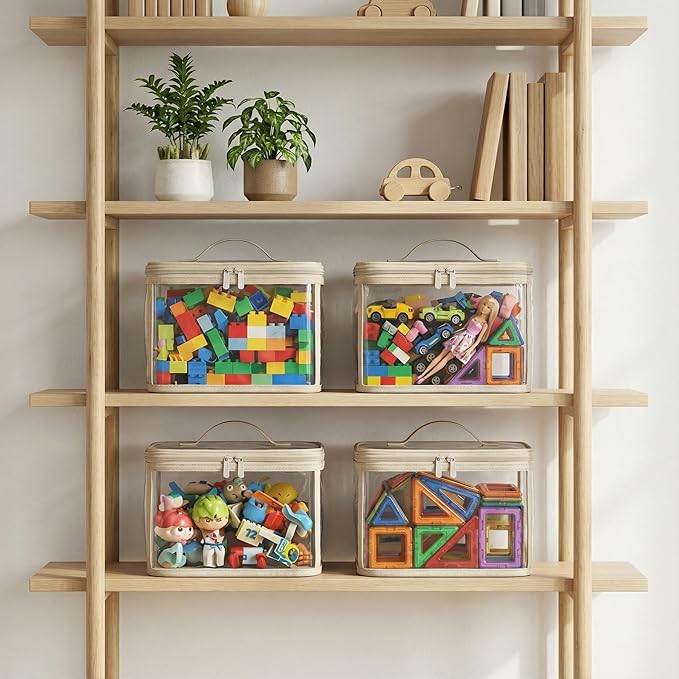 holay Clear Toy Storage Bags with Handle, 4 Pack Playroom Storage Organizer Bins Kids Toys, Board Games, Busy Bags, and Homeschool Supplies –Transparent PVC with Reinforced Base(Brown, Small)