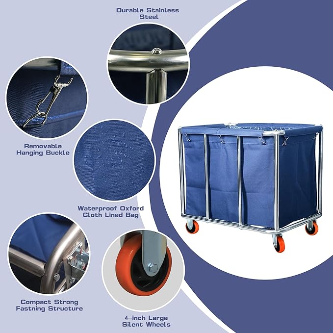 Commercial Laundry Cart with Wheels, 400L Large Capacity Heavy Duty Stainless Laundry Basket,Laundry Sorter for Clothes Storage,330 lbs Load (Blue)