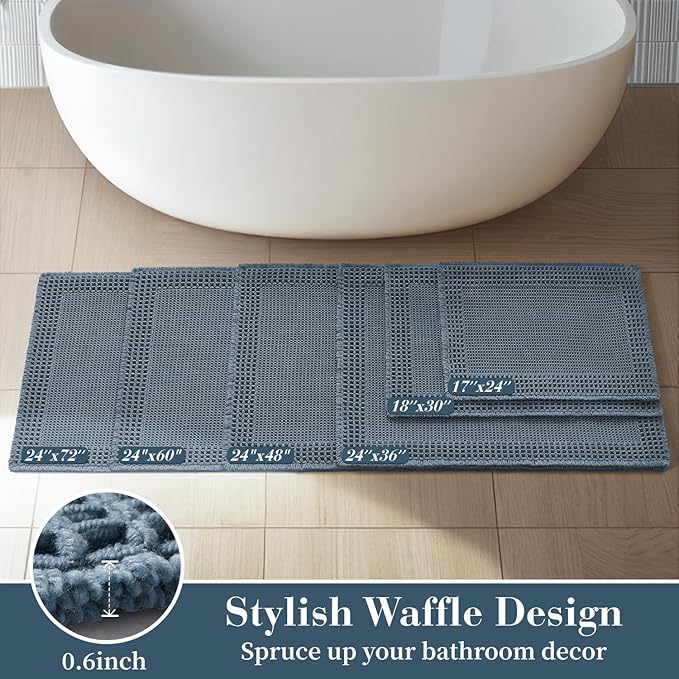 RESARE Waffle Bathroom Runner Rugs, Super Absorbent Bath Mat Non Slip Washable Quick Dry, Upgraded Ultra Soft Boho Bath Rugs with Tassels for Hallway Bedroom Laundry Room,20"x32" Blue