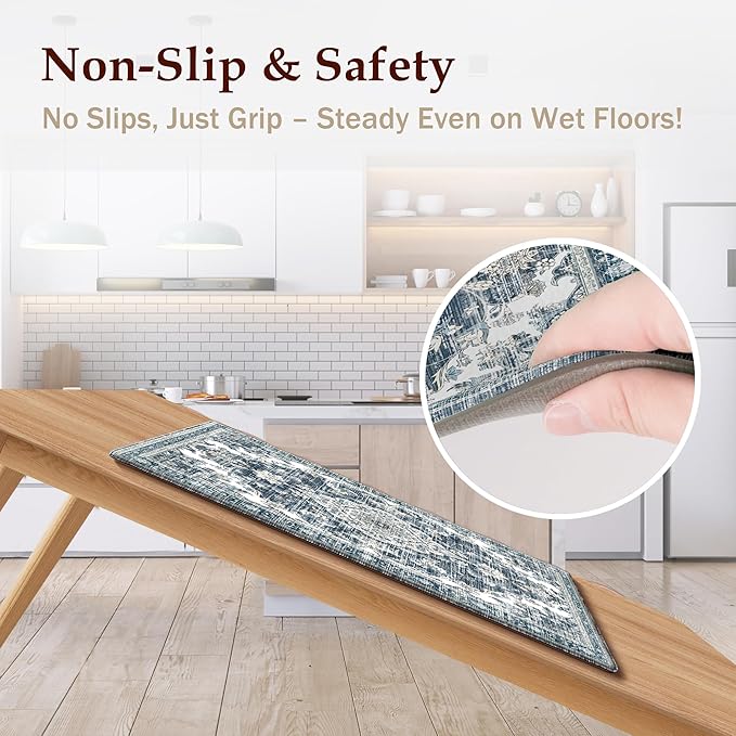 Boho Kitchen Mats for Floor 2 Piece Set Anti Fatigue Cushioned PVC Kitchen Rugs Non Slip Waterproof Farmhouse Mats 2/5 Inch Comfort Standing Mat for Sink, Laundry, 17.3"x59"+17.3"x28", Dark Blue