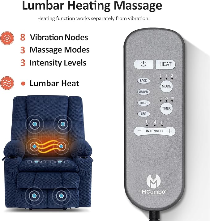 MCombo Dual Motor Large Power Lift Recliner Chair for Elderly, Lay Flat Lift Chair with Heat and Massage, Big Lift Recliner for Tall People, Cup Holders, Fabric 7896 (Large, Navy Blue)