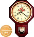 JUSTIME Traditional Schoolhouse Classic Vintage Rose Regulator Wall Clock, Chiming Wall Clocks with Pendulum & Westminster Chime Hourly, Schoolhouse Wall Decor Battery Operated (Red Mahogany)