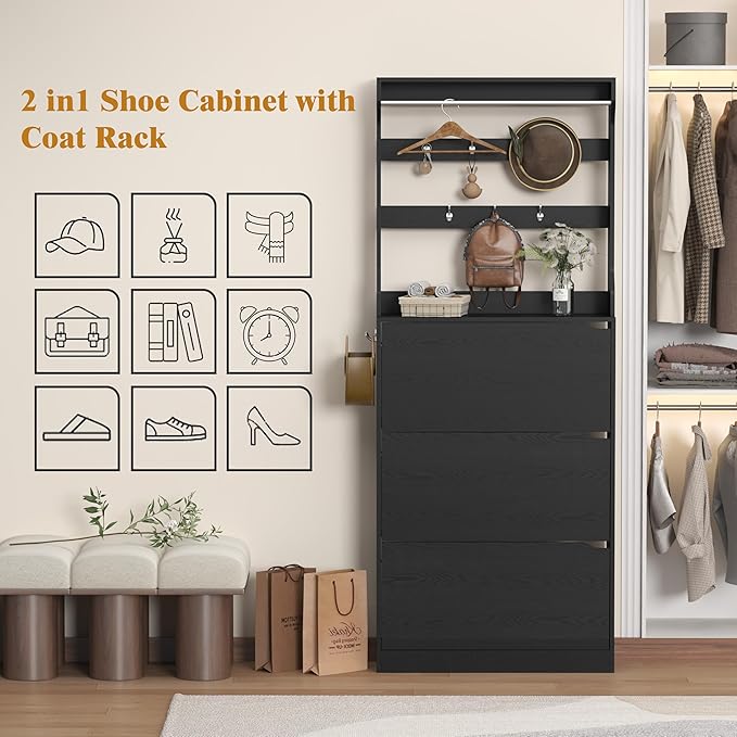 Tall Shoe Cabinet with Coat Rack, Hidden Shoe Storage Cabinet with Doors & Drawer, Hanging Bar & Hooks, Slim Narrow Freestanding Shoe Rack Organizer for Entryway, Hallway & Living Room, Black