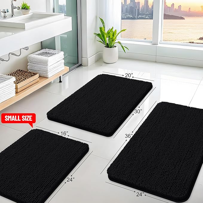 Arotive Bathroom Toilet Rugs U Shaped 24x20, Extra Soft Absorbent Shaggy Chenille Contour Bath Rugs for Toilet, Machine Washable Non-Slip Contoured Bath Mats, Black